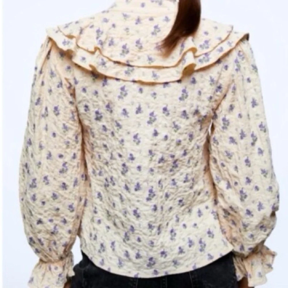 Zara Floral Textured Long Sleeve Top Bib Collar Blouse